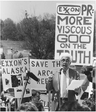 Barry Commoner speaks to protesters outside a hotel in New Jersey where Exxon stockholders met in 1989. (Corbis-Bettmann. Reproduced by permission.)