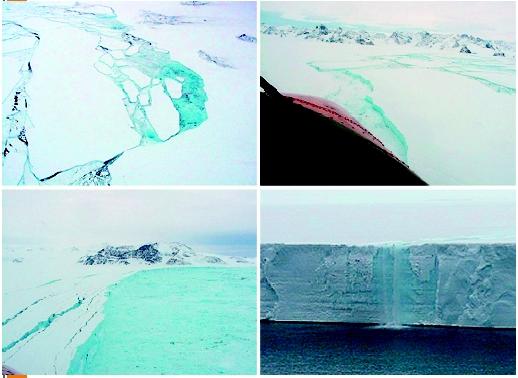 The Antarctic Larsen B shelf is breaking up, as shown in these photographs from February and March 2002, causing fears of global warming. Seen in these photographs is the loss of 500 billion tons of ice. (© Reuters NewMedia Inc./Corbis. Reproduced by permission.)