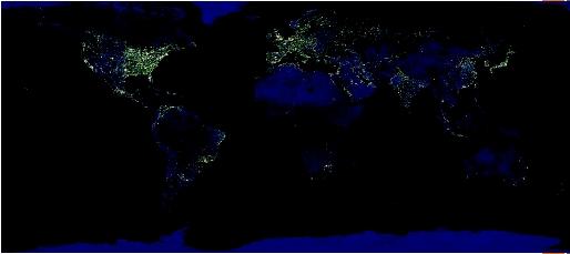 Map of Earth at night, taken from NASA space satellites. Bright areas are those that are more developed. (Data courtesy Marc Imhoff of NASA GSFC and Christopher Elvidge of NOAA NGDC. Image by Craig Mayhew and Robert Simmon, NASA GSFC. Reproduced by permission.)