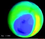Earth, showing depletion of the ozone layer, over Antarctica. This graphic depicts the largest hole ever recorded, taken on September 6, 2000. (Goddard Space Flight Center, National Aeronautics and Space Administration.)