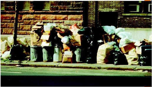 Garbage in bags and containers accumulating at curbside. (U.S. EPA. Reproduced by permission.)